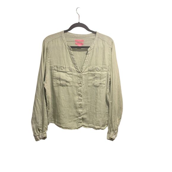 Isaac Mizrahi Womens Sage Green 100% Linen Button Up Blouse XL Roll Tab Sleeve - Picture 1 of 6